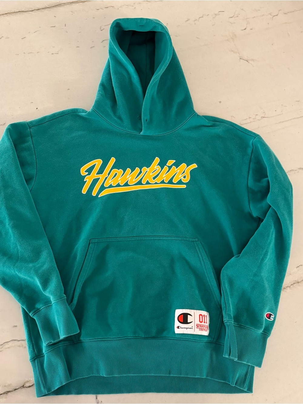Champion Hoodie Mens XL Green Stranger Things Hawkins 011 Graphic Pullover Promo